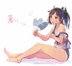  1girl bare_legs bare_shoulders barefoot blush brown_eyes brown_hair daito fan fanning_self hot i-401_(kantai_collection) kantai_collection legs off_shoulder open_mouth paper_fan school_swimsuit short_hair sitting solo strap_slip sweat swimsuit swimsuit_under_clothes 