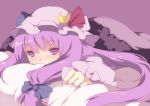  bad_id bed_sheet blush crescent hands hat hiz_(pixiv) long_hair lying on_stomach patchouli_knowledge purple_eyes purple_hair sheet_grab solo touhou violet_eyes 