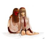  barefoot brown_hair face hair_ribbon hairband hand_holding holding_hands kneeling long_hair multiple_girls necktie nobusnow original ribbon short_hair sitting skirt 