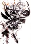  fan geta hat ink inubashiri_momiji monochrome multiple_girls red_eyes sakana_(artist) shameimaru_aya shield spot_color sword tengu-geta tokin_hat touhou weapon wings 