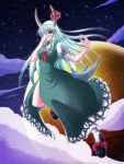  claws cloud clouds dress ex-keine ex_keine fingernails green_hair horns kamishirasawa_keine long_fingernails long_hair long_nail moon night ootsuki_wataru red_eyes ribbon side_slit sky solo star star_(sky) starry_sky tail touhou 