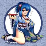  alternate_hairstyle blue_hair food food_themed_clothes fruit hair_ornament hairclip hinanawi_tenshi holding japanese_clothes kimono peach red_eyes sakazuki sandals short_hair tabi tagosaku tagosaku_(angel) touhou 