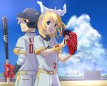  back-to-back back_to_back baseball baseball_bat baseball_cap baseball_mitt baseball_uniform blonde_hair gloves hair_ornament hair_ribbon hairclip hat kagamine_len kagamine_rin katagiri ribbon short_hair siblings sky smile sportswear twins vocaloid 