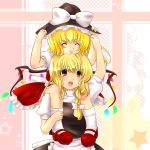  &gt;:) :d ^_^ akina_(artist) akina_(schism) blonde_hair braid carrying chin_on_head chin_rest closed_eyes flandre_scarlet hat headwear_switch kirisame_marisa mary_janes multiple_girls open_mouth ponytail shoes short_hair shoulder_carry side_ponytail smile touhou wings witch_hat yellow_eyes 