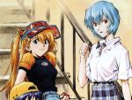  ayanami_rei blue_eyes blue_hair hat long_hair neon_genesis_evangelion red_eyes short_hair souryuu_asuka_langley twintails 