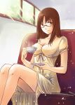  brown_eyes brown_hair couch cup dress glasses k-on! long_hair rainsp saucer sitting solo teacup yamanaka_sawako 