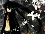  black_hair black_rock_shooter black_rock_shooter_(character) blue_eyes butterfly coat glowing glowing_eyes long_hair midriff nico. shorts solo twintails very_long_hair 