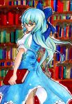  bespectacled blue_eyes blue_hair book bow cirno erokosei glasses long_hair marker_(medium) millipen_(medium) touhou traditional_media 