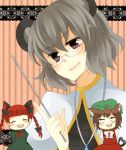  amayoikazuto animal_ears bad_id bespectacled braid brown_hair cat_ears cat_tail chen chibi earrings fang glasses grey_hair hair_ribbon hat jewelry kaenbyou_rin mouse_ears multiple_tails nazrin pendant pointer raako red_eyes red_hair redhead ribbon short_hair tail touhou twin_braids twintails 