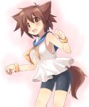  1girl armpits bike_shorts blush bracelet brown_eyes brown_hair fang female highres open_mouth original short_hair shorts simple_background small_breasts solo tail toba_hiyoko white_background 