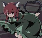  &lt;o&gt;&lt;o&gt; animal_ears bow braid cat_ears cat_tail dress favfavver2 green_dress hair_bow heart heart_tail kaenbyou_rin kneeling leaning_forward multiple_tails red_eyes red_hair short_hair smile tail touhou twin_braids twintails 