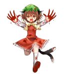  blood brown_hair cat_ears cat_tail chen earrings fang hat jewelry multiple_tails running short_hair tail takamoto_akisa touhou yandere 