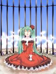 ahoge aqua_hair bare_shoulders cage closed_eyes dress feathers flower gloves hair_ornament hatsune_miku long_hair open_mouth red_dress rose shiromiso singing sitting sky solo twintails vocaloid 