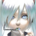  blue_eyes blue_lipstick esukee face finger_to_mouth hair_over_one_eye hands hatsune_miku headset lipstick lowres nail_polish pinky_out realistic silver_hair solo vocaloid 