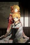  blue_eyes closed_eyes hair_ribbon japanese_clothes kagamine_len kagamine_rin kimono ribbon siblings tama_(songe) trap twins vocaloid 