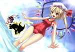  3girls bikini blonde_hair dutch_angle electrocution fang flandre_scarlet hat kirisame_marisa nagae_iku one-piece_swimsuit purple_hair red_eyes red_swimsuit school_swimsuit side_ponytail sunbeam sunlight swimsuit touhou wading wakanita water wings 