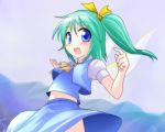  1girl blue_eyes blush daiyousei des green_hair hair_ribbon navel open_mouth ribbon side_ponytail solo touhou wings 