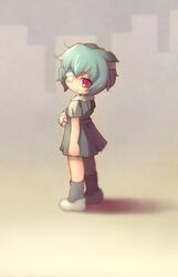  1girl ayanami_rei bandage bandage_over_one_eye bandages blue_hair cast chibi eyepatch from_behind kneehighs looking_back neon_genesis_evangelion red_eyes sankuma school_uniform shadow shoes short_hair socks solo 