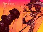  bikini_top boots breasts brown_eyes brown_hair cleavage cowboy_hat hat meiko scarf short_hair smile solo vocaloid western whip 