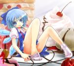  blue_hair bow cake cirno feet food fruit hands hands_on_feet ice_cream in_food minigirl pastry pooru porurin_(do-desho) short_hair sock_pull socks strawberry touhou wings 