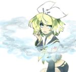  blonde_hair blue_eyes hair_ornament hair_ribbon hairclip headphones headset highres kagamine_rin midriff musical_note ribbon sachirika short_hair shorts solo vocaloid 