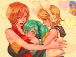  aqua_hair ataru blonde_hair brown_hair detached_sleeves hair_ribbon hatsune_miku headphones hug kagamine_len kagamine_rin kaito meiko ribbon short_hair smile twintails vocaloid 