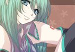  aqua_hair blue_eyes close-up detached_sleeves hatsune_miku peony smile solo thighhighs twintails vocaloid 
