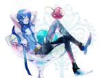  arms_up blue_eyes blue_hair cherry cup food fruit ice_cream kaito male radu scarf short_hair sitting smile solo vocaloid 