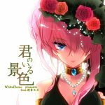  blue_eyes diamond flower hair_over_one_eye hat ichiyou_moka jewelry megurine_luka orange_rose pearl pearls pink_hair red_rose rose solo vocaloid 