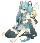  :3 ahoge aqua_eyes aqua_hair barefoot blonde_hair detached_sleeves feet hair_ornament hair_ribbon hairclip hatsune_miku hug kagamine_rin long_hair multiple_girls necktie ribbon short_hair sitting skirt smile thigh-highs thighhighs twintails very_long_hair vocaloid yoshi_92 yuri zettai_ryouiki 