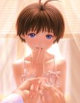  androgynous bare_shoulders blue_eyes brown_hair camisole hand_holding hand_on_face hand_over_mouth hands holding_hands idolmaster jewelry kikuchi_makoto looking_at_viewer nekopuchi pov proposal reverse_trap ring short_hair smile sunlight tears window 
