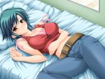  bed belt blush breasts brown_eyes collarbone fortune_cookie game_cg green_hair jeans large_breasts lying pillow takaya_yui 
