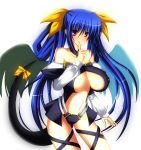  blue_hair blush bow breasts choker chubame cleavage dizzy finger_to_mouth guilty_gear hair_bow highres large_breasts long_hair midriff red_eyes ribbon tail tail_ribbon twintails underboob wings 
