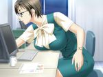  bracelet breasts brown_hair clothed computer earrings game_cg glasses huge_breasts jewelry milk_junkies milk_junkies_3 short_hair tagme window youtoku_tatsunami 