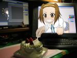  akiyama_mio anger_vein birthday cake clenched_teeth computer cracks food grin hairband highres k-on! pastry school_uniform smile su-35_(artist) tainaka_ritsu through_screen wacom 