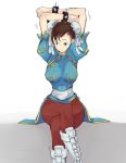  1girl arms_up bracelet breasts brown_hair bun_cover capcom china_dress chinadress chinese_clothes chun-li crossed_legs double_bun jewelry pantyhose sitting solo spiked_bracelet spikes street_fighter 
