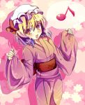  blush flandre_scarlet gradient_hair japanese_clothes kimono multicolored_hair musical_note rarami short_hair smile touhou yukata 