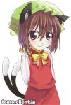  bad_id brown_hair cat_ears cat_tail chen earrings hat jewelry kitahara_tomoe_(kitahara_koubou) lowres multiple_tails short_hair tail touhou 