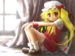  blonde_hair bow dress flandre_scarlet hat red_eyes ribbon sad side_ponytail solo touhou wings wrist_cuffs 