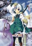  blue_eyes boots ghost gloves hairband hidebo konpaku_youmu konpaku_youmu_(ghost) short_hair shovel silver_hair snow snowman thigh-highs thighhighs touhou wink worktool 