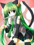  cat_ears cat_pose cat_tail detached_sleeves green_eyes green_hair hatsune_miku kemonomimi_mode long_hair mashayuki mouth_hold musical_note paw_pose skirt spring_onion tail thigh-highs thighhighs twintails very_long_hair vocaloid zettai_ryouiki 