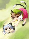  2girls animal_ears brown_eyes brown_hair cat_ears cat_tail chen chibi dirumaru_tomo earrings fang from_above hat jewelry mouse_ears mouse_tail multiple_girls multiple_tails nazrin o_o pendant running tail touhou 