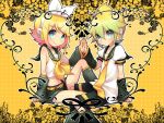  blonde_hair ebira_(ruvie) hair_ornament hair_ribbon hairclip hand_holding headphones holding_hands kagamine_len kagamine_rin midriff ribbon short_hair shorts siblings smile twins vocaloid 