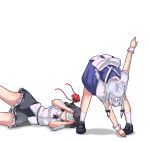  black_hair braid camera hat implied_pantyshot izayoi_sakuya maid paparazzi shameimaru_aya short_hair silver_hair skirt tokin_hat touhou twin_braids umakatsuhai 