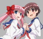  hand_holding haramura_nodoka holding_hands miyanaga_saki pink_hair saki school_uniform twintails 