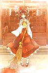  1girl atoki bamboo_broom bow broom brown_eyes brown_hair hair_bow hair_tubes hakurei_reimu highres shide shimenawa solo touhou 