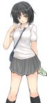  1girl amagami black_hair blush bottle brown_eyes garyou nanasaki_ai school_uniform short_hair simple_background skirt socks solo 
