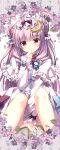  1girl alternate_headwear between_legs book capelet coat crescent_hair_ornament double_bun dress flower hair_bun hair_ornament hand_between_legs hand_to_own_mouth kino_(kino_konomi) long_hair long_sleeves looking_at_viewer open_clothes open_coat patchouli_knowledge purple_hair sitting solo striped striped_dress touhou very_long_hair violet_eyes 