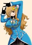  1girl atago_(kantai_collection) atago_(kantai_collection)_(cosplay) black_gloves blonde_hair breasts brown_eyes cosplay futaba_anzu gloves hair_ornament idolmaster idolmaster_cinderella_girls large_breasts looking_at_viewer one_eye_closed open_mouth pantyhose perepere-kun skirt smile solo 