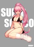  1girl alternate_hairstyle bikini blush breasts cleavage digital_media_player headphones large_breasts long_hair na_in-sung navel nitroplus open_mouth pink_hair ponytail red_eyes shoes sitting solo super_sonico swimsuit wariza 